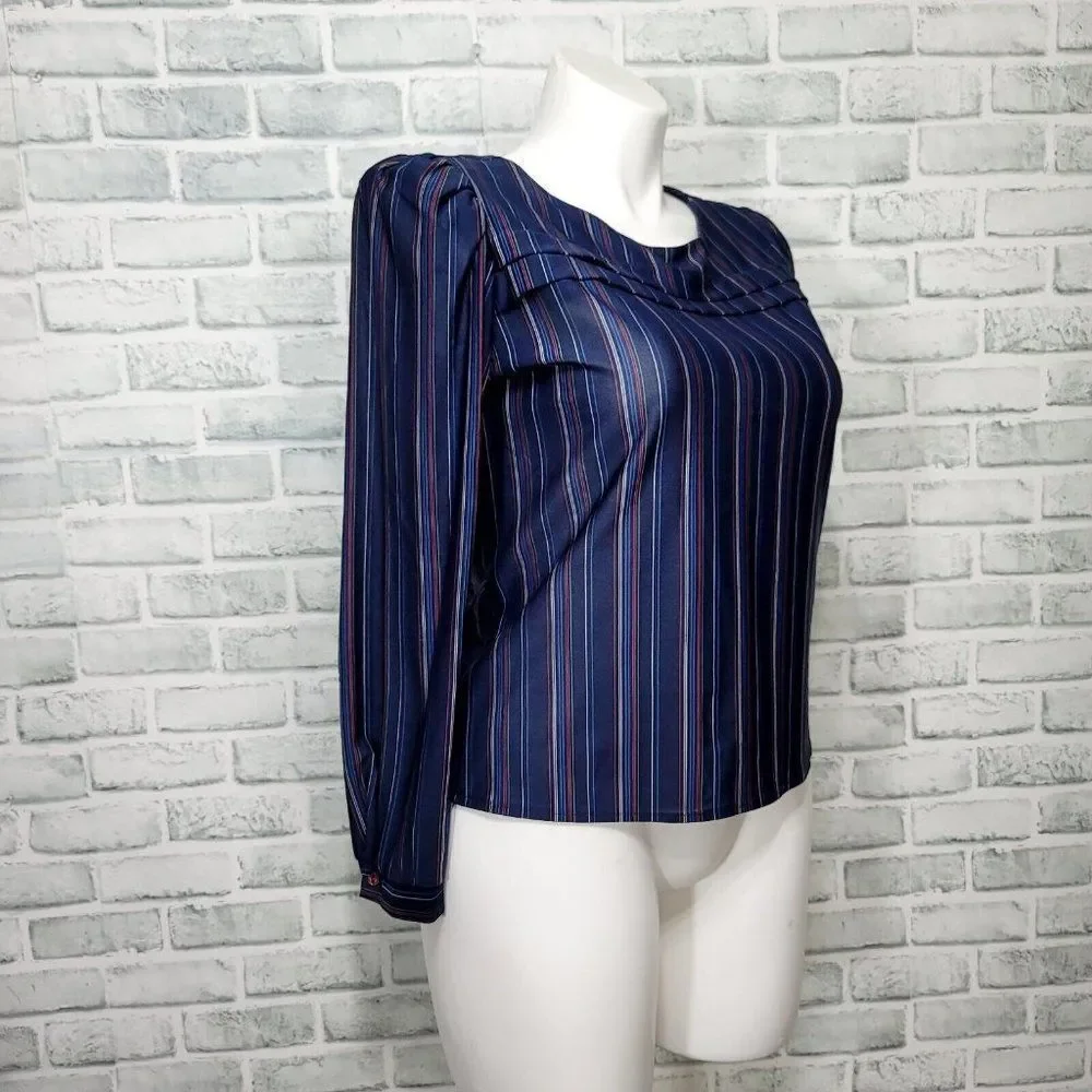 Vintage 70 Sally Petite Womens L Navy Sheer Striped Bateau Neck Blouse Secretary